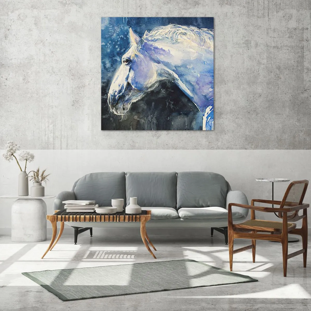 Obraz na skle - Portrét v modrej žiare - 70x70 cm