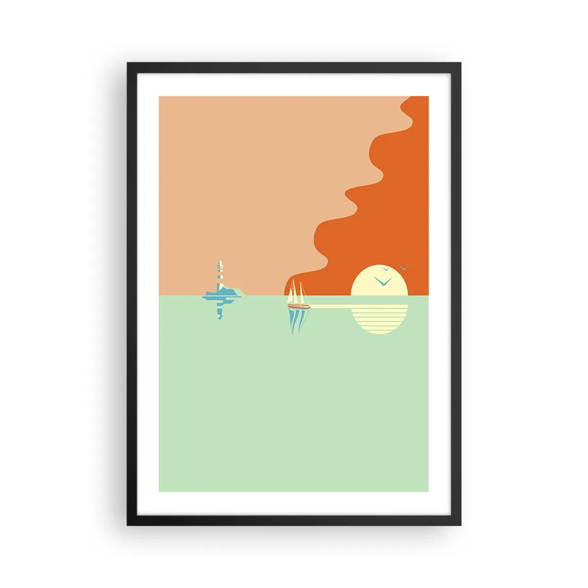 Plagát v čiernom ráme - Minimalistický západ slnka s plachetnicou v pozadí - 50x70cm - Dokonalá morská krajina - Moderná nástenná dekorácia do obývacej izby a spálne ARTTOR