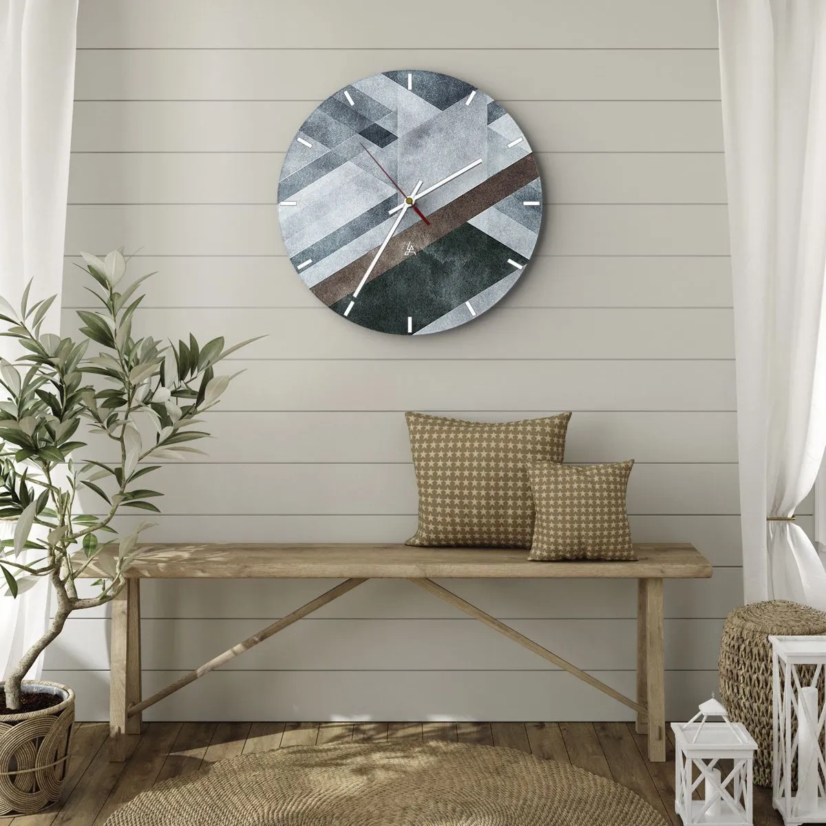 Nástenné hodiny - Geometria v odtieňoch modrej, hnedej a sivej - 30x30cm - Sofistikovaná elegancia geometrie - Moderná nástenná dekorácia do obývacej izby, kuchyne a spálne ARTTOR