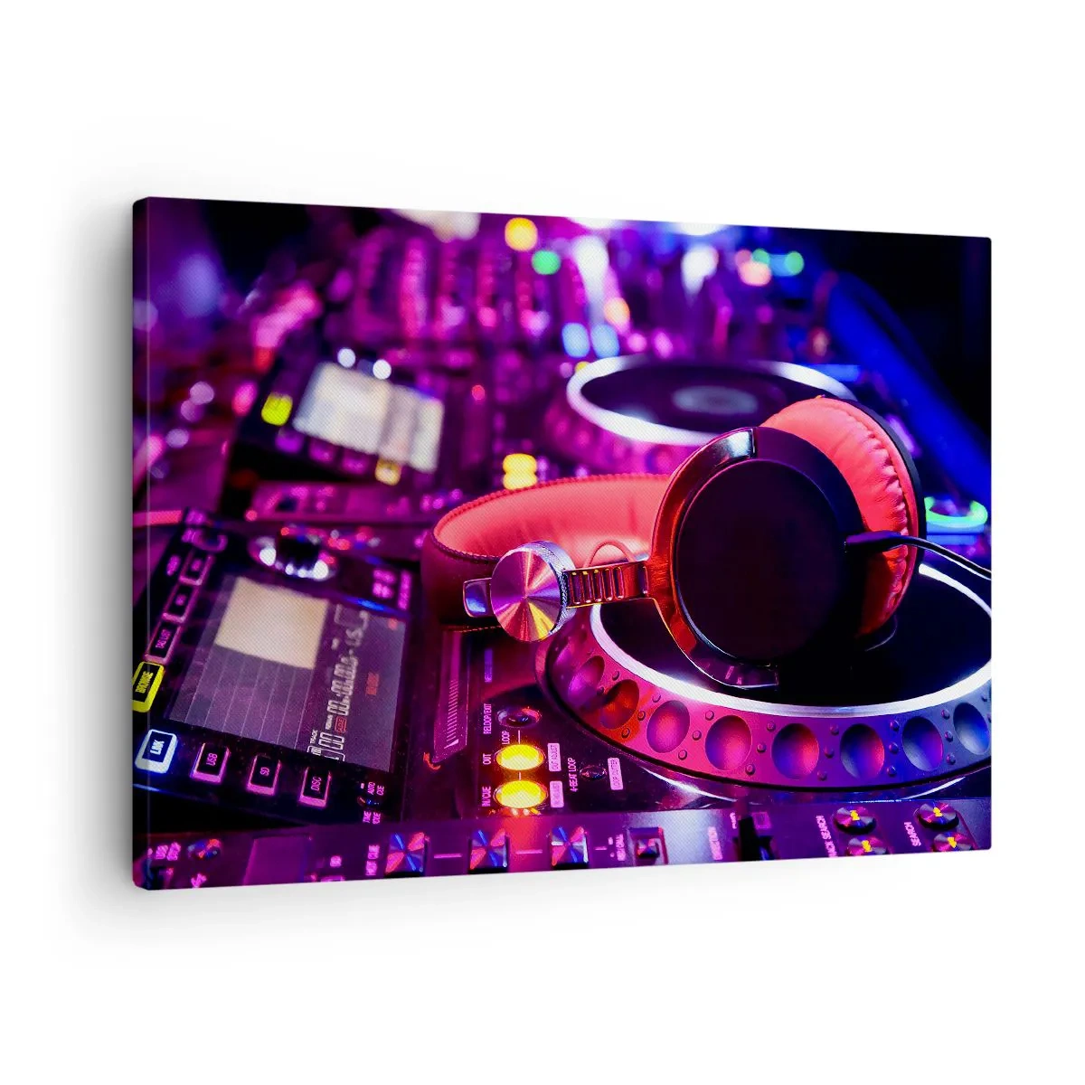 Obraz na plátne - DJ slúchadlá na konzole s neónovým osvetlením - 70x50cm - Než začne zábava - Moderná nástenná dekorácia do obývacej izby a spálne ARTTOR