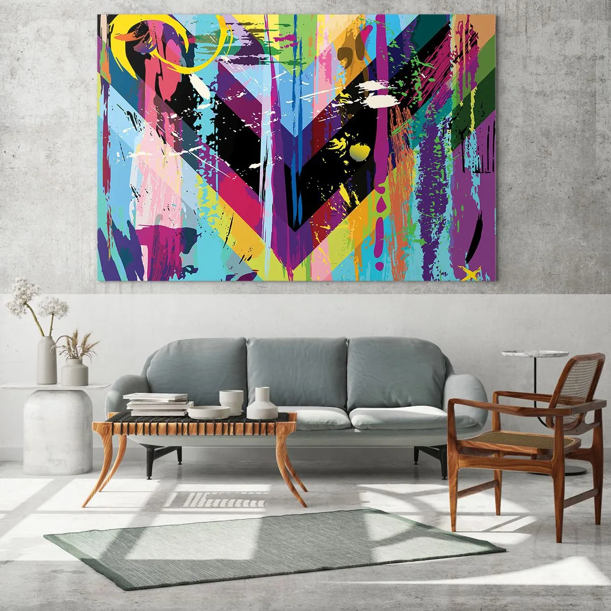 Obraz na skle - Farebná abstrakcia s dynamickými tvarmi a intenzívnymi farbami - 70x50cm - Zhora nadol - Moderná nástenná dekorácia do obývacej izby a spálne ARTTOR