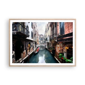 Plagát v ráme zo svetlého duba - Benátska krajina s gondolou a mostíkom - 100x70 cm
