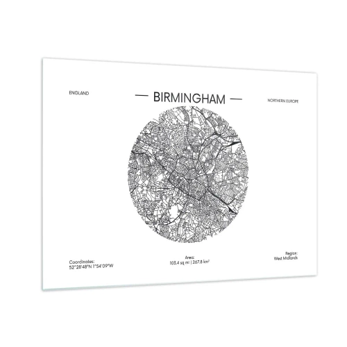 Obraz na skle - Čiernobiela mapa Birminghamu v modernom grafickom štýle - 70x50cm - Anatómia Birminghamu - Moderná nástenná dekorácia do obývacej izby a spálne ARTTOR