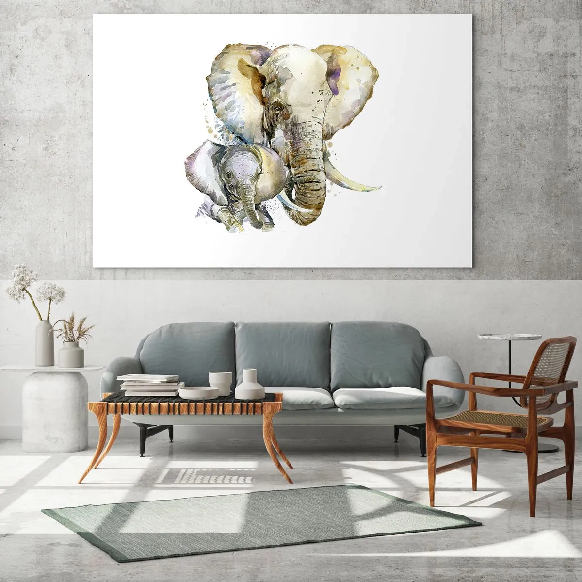 Obraz na skle - Umelecké slony v akvarelovom štýle na bielom pozadí - 70x50cm - Najlepšie je u mamy - Moderná nástenná dekorácia do obývacej izby a spálne ARTTOR