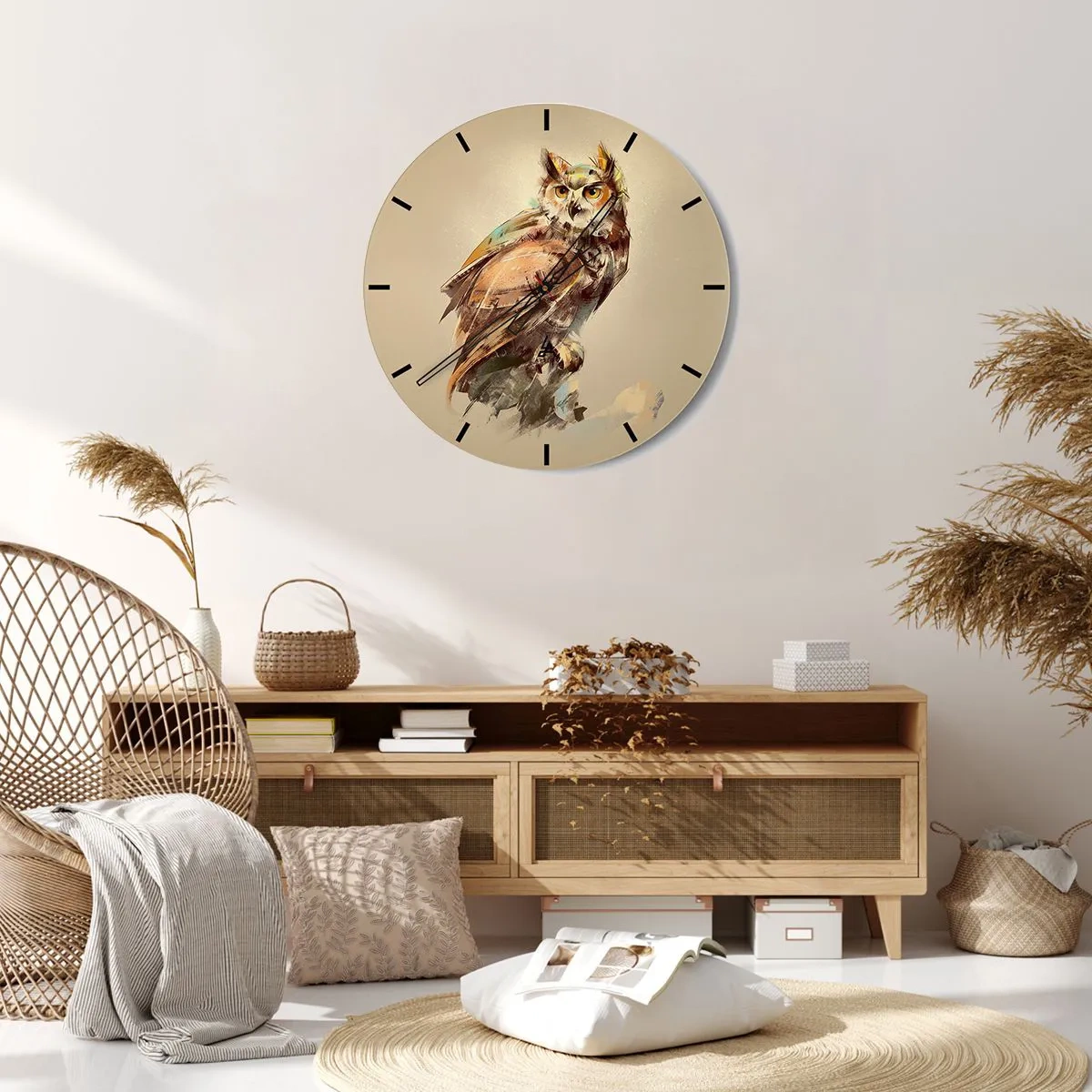Nástenné hodiny - Umelecký portrét sovy na béžovom pozadí - 30x30cm - Najmúdrejšia sova - potvrdí to aj les - Moderná nástenná dekorácia do obývacej izby, kuchyne a spálne ARTTOR
