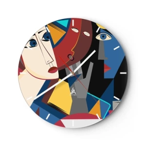 Nástenné hodiny - Kubistické tváre v žiarivých farbách v geometrickej kompozícii - 30x30cm - Konverzácia kubistov - Moderná nástenná dekorácia do obývacej izby, kuchyne a spálne ARTTOR