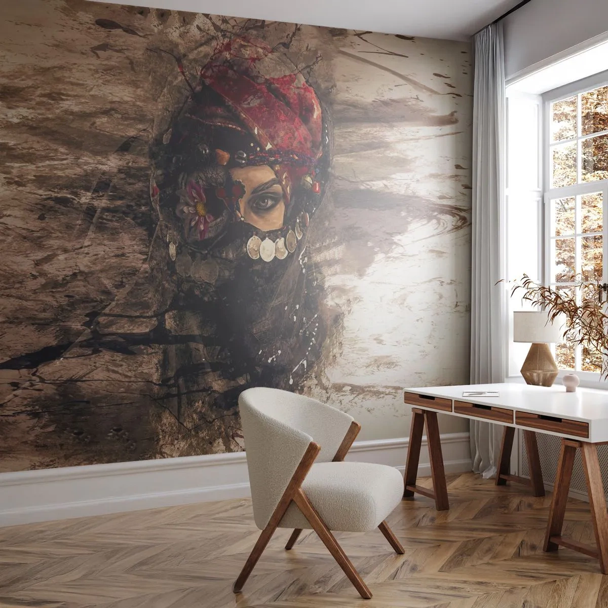 Fototapeta Standard Eco - Prinajmenšom znepokojujúca - Abstrakcia, Ženská tvár, Orientálne symboly - 250x175 cm
