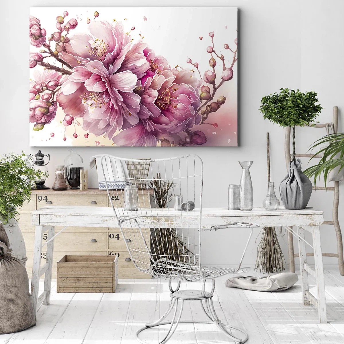 Obraz na plátne - Jemné čerešňové kvety v plnom kvete na svetlom pozadí - 70x50cm - Kvet kvitnúcej čerešne - Moderná nástenná dekorácia do obývacej izby a spálne ARTTOR