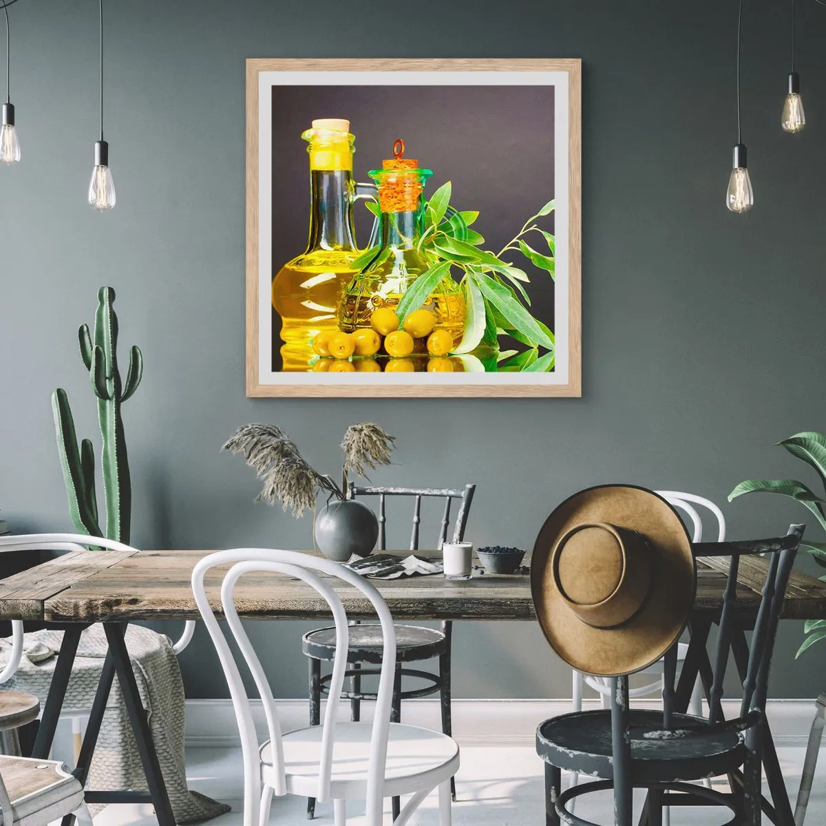 Plagát v ráme zo svetlého duba - Zátišie s olivami a olejom - 60x60 cm
