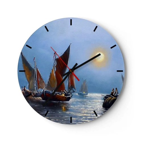 Nástenné hodiny - Plachetnice na vode v mesačnom svite - 30x30cm - Nočný rybolov - Moderná nástenná dekorácia do obývacej izby, kuchyne a spálne ARTTOR