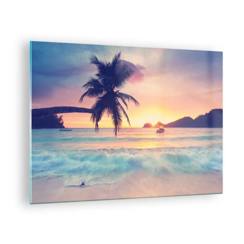 Obraz na skle - Pláž s palmami pri západe slnka s loďou na obzore - 70x50cm - Večer v zátoke - Moderná nástenná dekorácia do obývacej izby a spálne ARTTOR