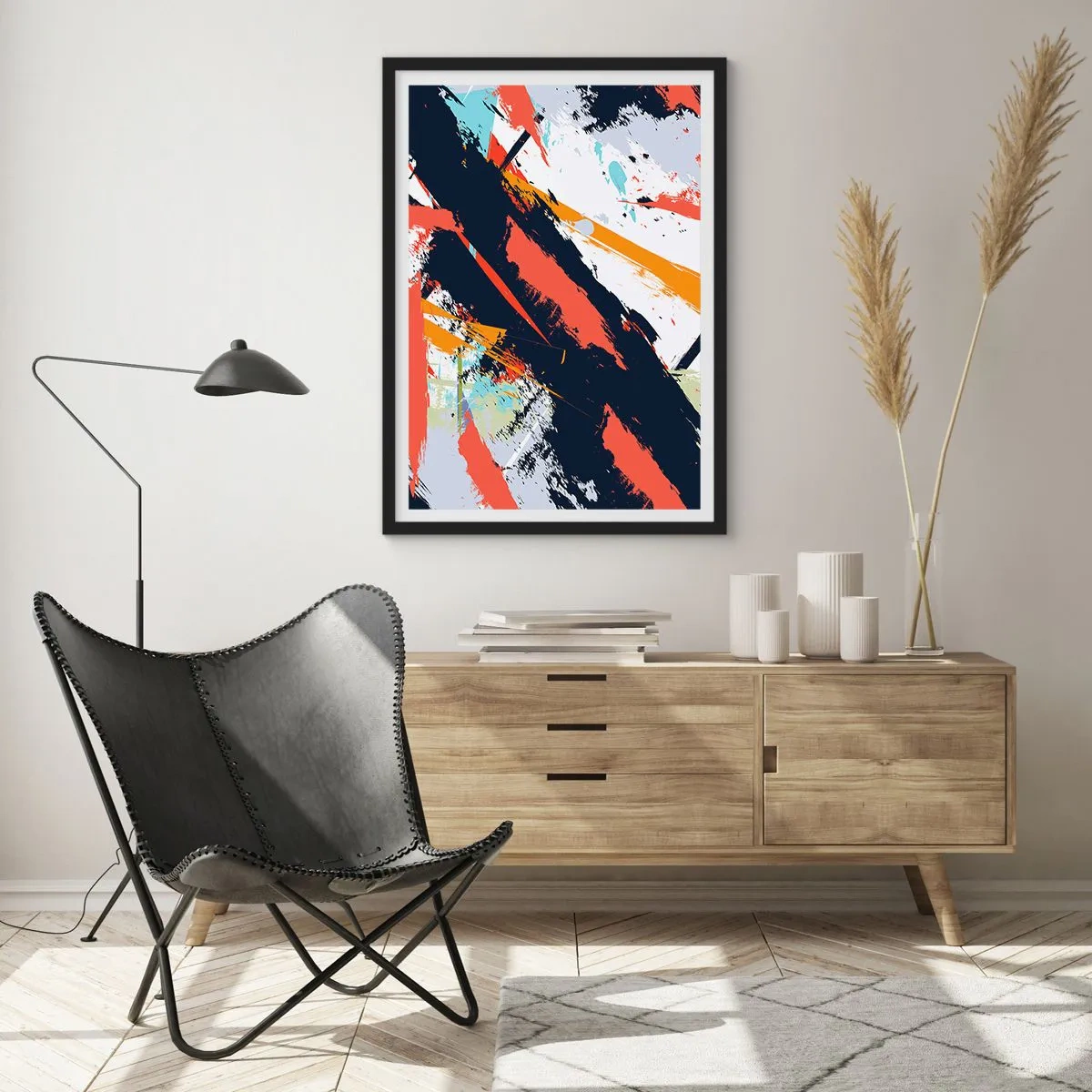 Plagát v čiernom ráme - Abstraktná kompozícia s dynamickými ťahmi štetcom. - 50x70cm - Dynamická kompozícia - Moderná nástenná dekorácia do obývacej izby a spálne ARTTOR