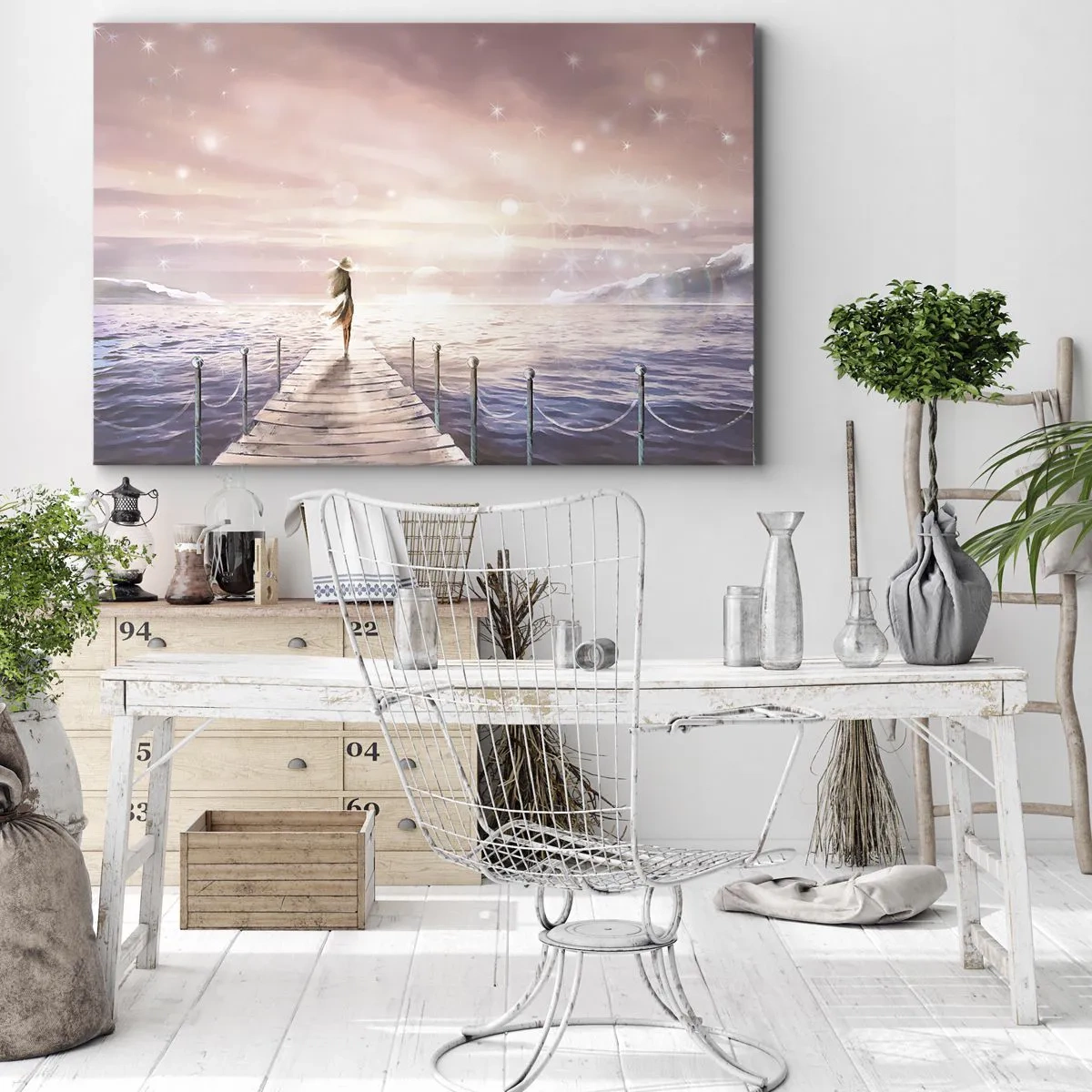 Obraz na plátne - Žena na móle v magickom prostredí západu slnka - 70x50cm - Vo svetle sna - Moderná nástenná dekorácia do obývacej izby a spálne ARTTOR