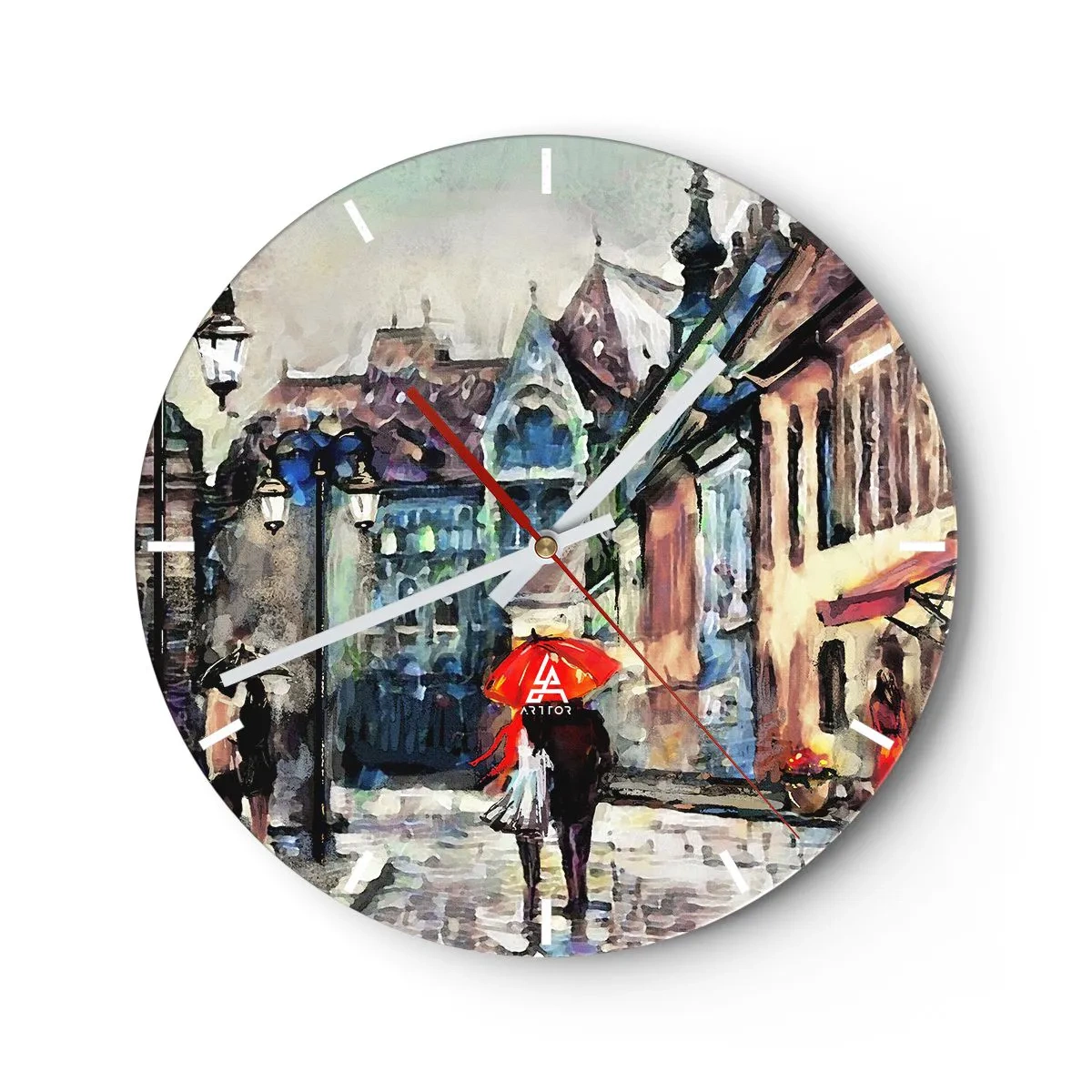 Nástenné hodiny - Romantická ulica s dáždnikom na pozadí činžiakov v daždi - 30x30cm - Dážď pre dvoch - Moderná nástenná dekorácia do obývacej izby, kuchyne a spálne ARTTOR