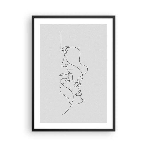 Plagát v čiernom ráme - Minimalistický obrys dvoch tvárí v čiernej farbe na svetlom pozadí. - 50x70cm - Žiar vášnivých túžob - Moderná nástenná dekorácia do obývacej izby a spálne ARTTOR