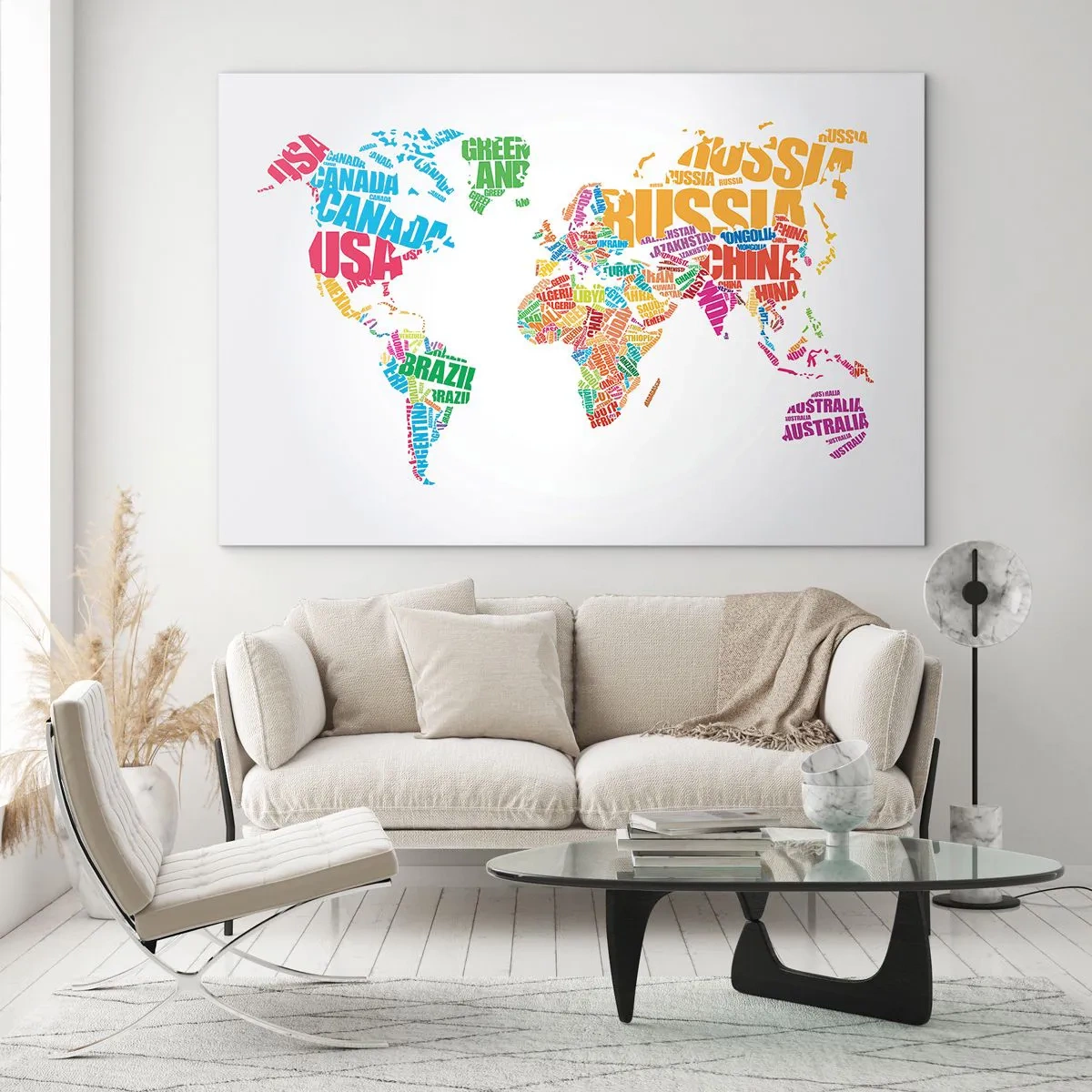 Obraz na skle - Mapa sveta s farebnými názvami krajín - 70x50cm - Chcem spoznať všetky - Moderná nástenná dekorácia do obývacej izby a spálne ARTTOR