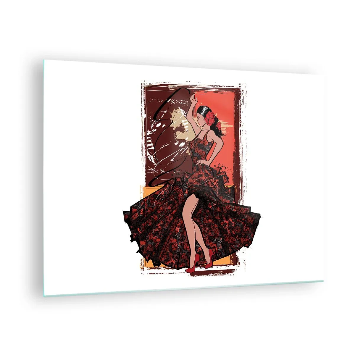 Obraz na skle - Flamenco tanečnica v elegantných červeno-čiernych šatách - 70x50cm - V rytme srdca - Moderná nástenná dekorácia do obývacej izby a spálne ARTTOR