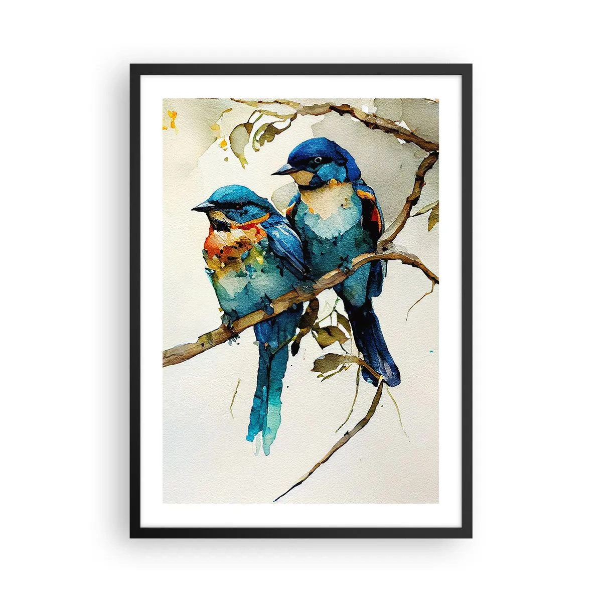 Plagát v čiernom ráme - Akvarelové vtáky na konári v odtieňoch modrej a hnedej - 50x70cm - Urazil sa? - Moderná nástenná dekorácia do obývacej izby a spálne ARTTOR