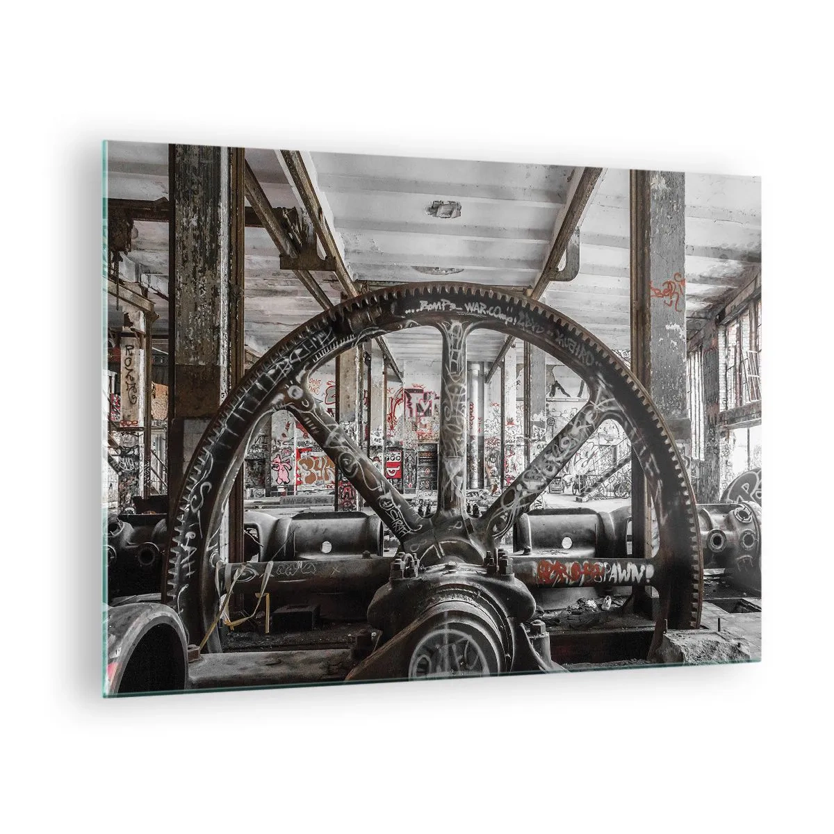 Obraz na skle - Historický industriálny interiér s ozubeným kolesom - 70x50cm - Tajný život továrne - Moderná nástenná dekorácia do obývacej izby a spálne ARTTOR