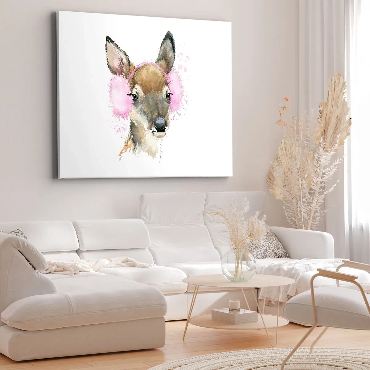 Obraz na plátne - Akvarelové jelene v ružových náušníkoch - 70x50cm - A mráz už nie je tak hrozný - Moderná nástenná dekorácia do obývacej izby a spálne ARTTOR
