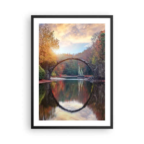 Plagát v čiernom ráme - Kamenný most cez jazero v jesennej scenérii - 50x70cm - Za zrkadlom - Moderná nástenná dekorácia do obývacej izby a spálne ARTTOR