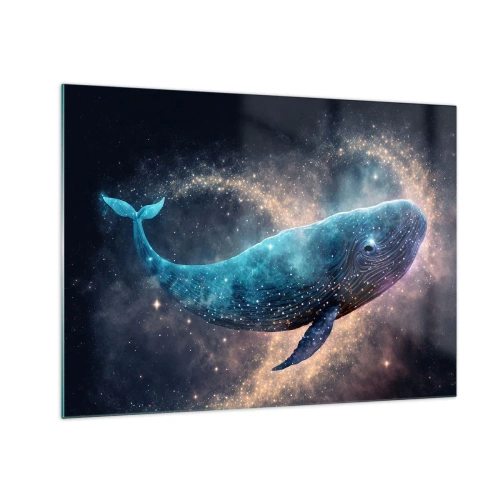Obraz na skle - Modrá veľryba plávajúca v galaxii - 70x50cm - Existuje taký svet… - Moderná nástenná dekorácia do obývacej izby a spálne ARTTOR