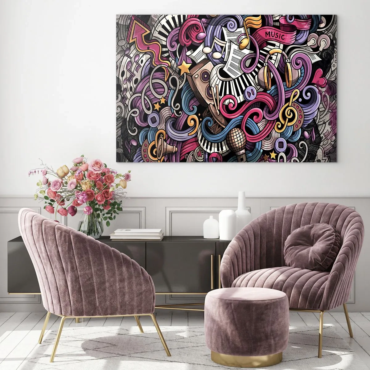 Obraz na skle - Farebné hudobné témy s notami a nástrojmi - 70x50cm - Komplikovaná melódia - Moderná nástenná dekorácia do obývacej izby a spálne ARTTOR