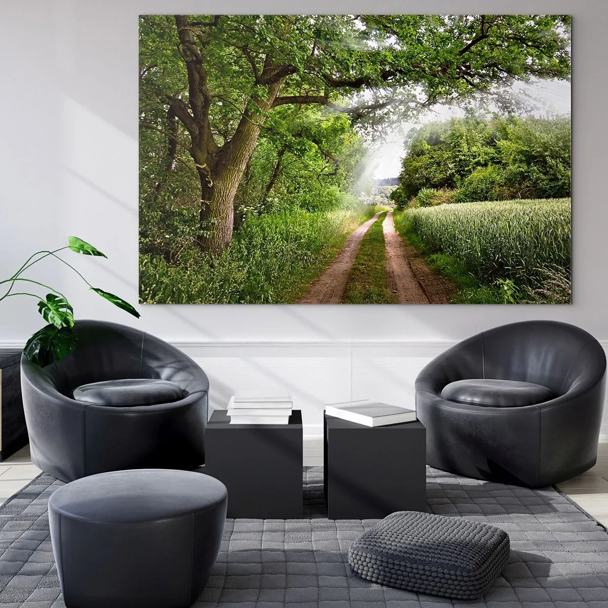 Obraz na skle - Lesná cesta obklopená zeleňou v lúčoch slnka - 70x50cm - Et in Arcadia ego - Moderná nástenná dekorácia do obývacej izby a spálne ARTTOR