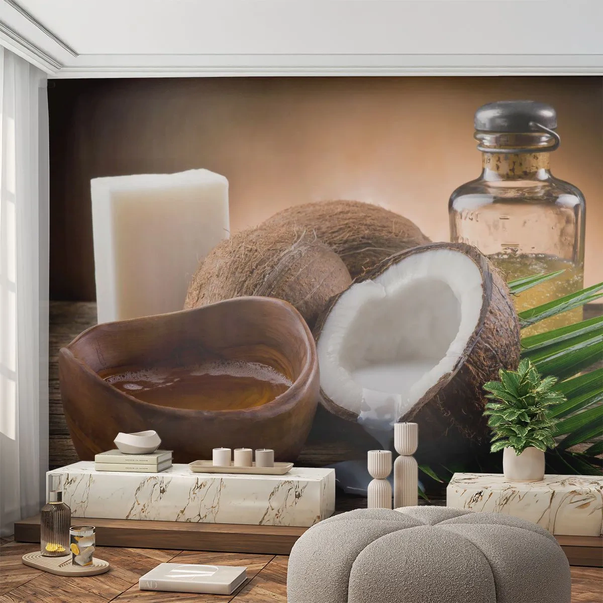 Fototapeta Standard Eco - Otvorený kokos s mliekom, olejom a mydlom na drevenom pozadí - 100x70cm - Zdravie z tropických ostrovov - Moderná nástenná dekorácia do obývacej izby a spálne ARTTOR