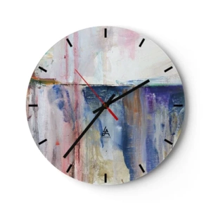 Nástenné hodiny - Maliarska kompozícia s farebnými škvrnami v odtieňoch modrej a ružovej. - 30x30cm - Farebné dojmy a asociácie - Moderná nástenná dekorácia do obývacej izby, kuchyne a spálne ARTTOR