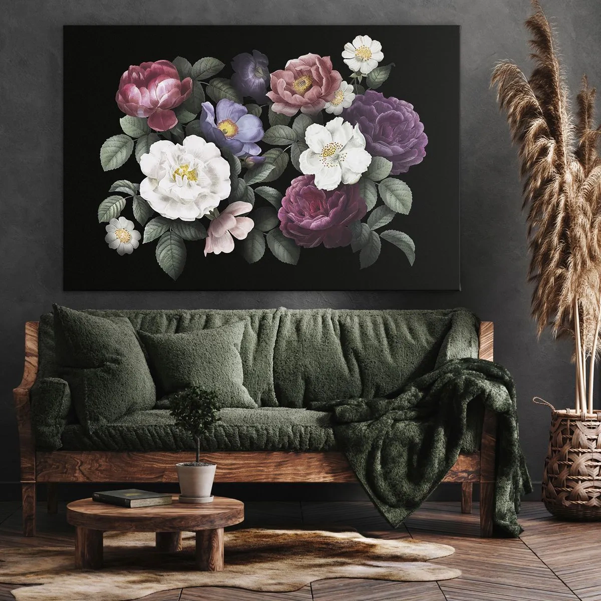Obraz na plátne - Kvety v rôznych farbách na čiernom pozadí - 70x50cm - Z anglickej záhrady - Moderná nástenná dekorácia do obývacej izby a spálne ARTTOR