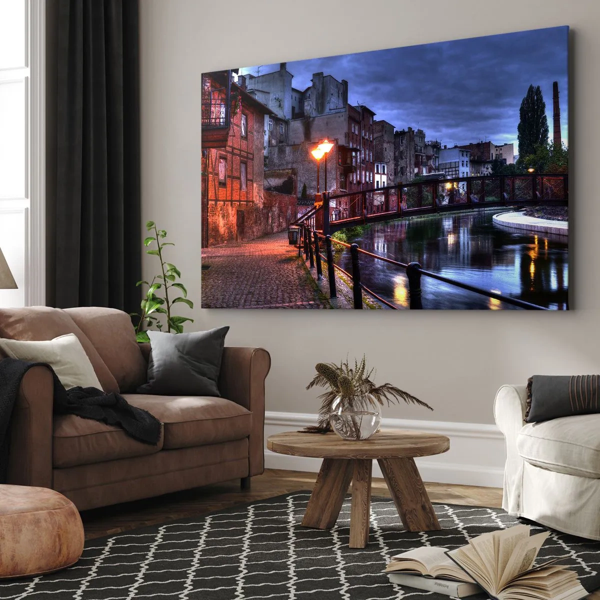 Obraz na plátne - Večerný pohľad na činžiakové domy a most cez kanál - 70x50cm - Takú Bydgoszcz si nepoznal - Moderná nástenná dekorácia do obývacej izby a spálne ARTTOR