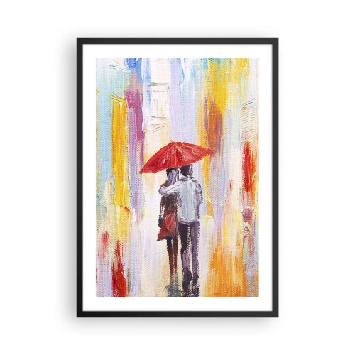 Plagát v čiernom ráme - Romantická scéna s párom pod červeným dáždnikom na pozadí mesta. - 50x70cm - Nech prší ďalej - Moderná nástenná dekorácia do obývacej izby a spálne ARTTOR