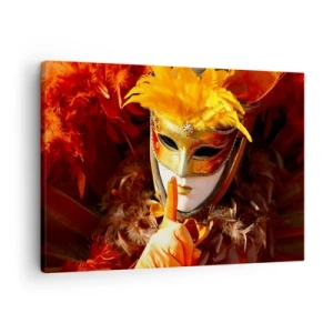 Obraz na plátne - Karnevalová maska v odtieňoch zlatej a oranžovej - 70x50cm - Tajomstvo je časťou hry - Moderná nástenná dekorácia do obývacej izby a spálne ARTTOR