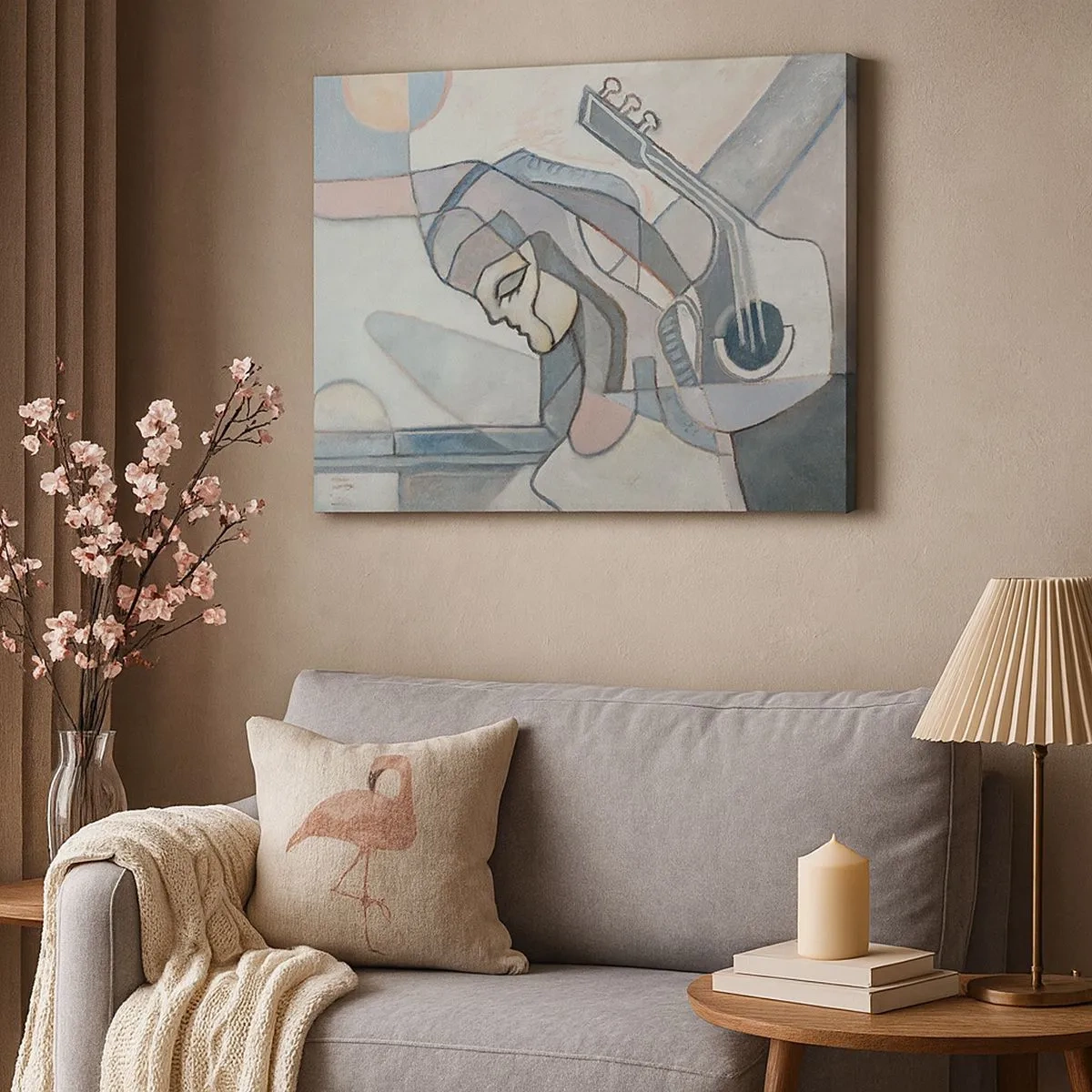 Obraz na plátne - Abstraktná postava s gitarou v pastelových farbách. - 70x50cm - V moci hudby - Moderná nástenná dekorácia do obývacej izby a spálne ARTTOR