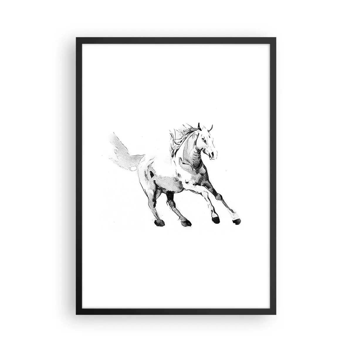 Plagát v čiernom ráme - Minimalistická ilustrácia cválajúceho koňa - 50x70cm - Neskrotená duša - Moderná nástenná dekorácia do obývacej izby a spálne ARTTOR