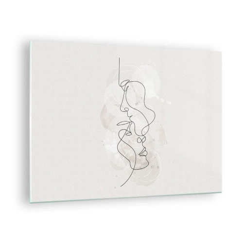 Obraz na skle - Minimalistická kresba tvárí dvoch ľudí v jemnom, zmyselnom objatí. - 70x50cm - Zamotaní v objatí - Moderná nástenná dekorácia do obývacej izby a spálne ARTTOR