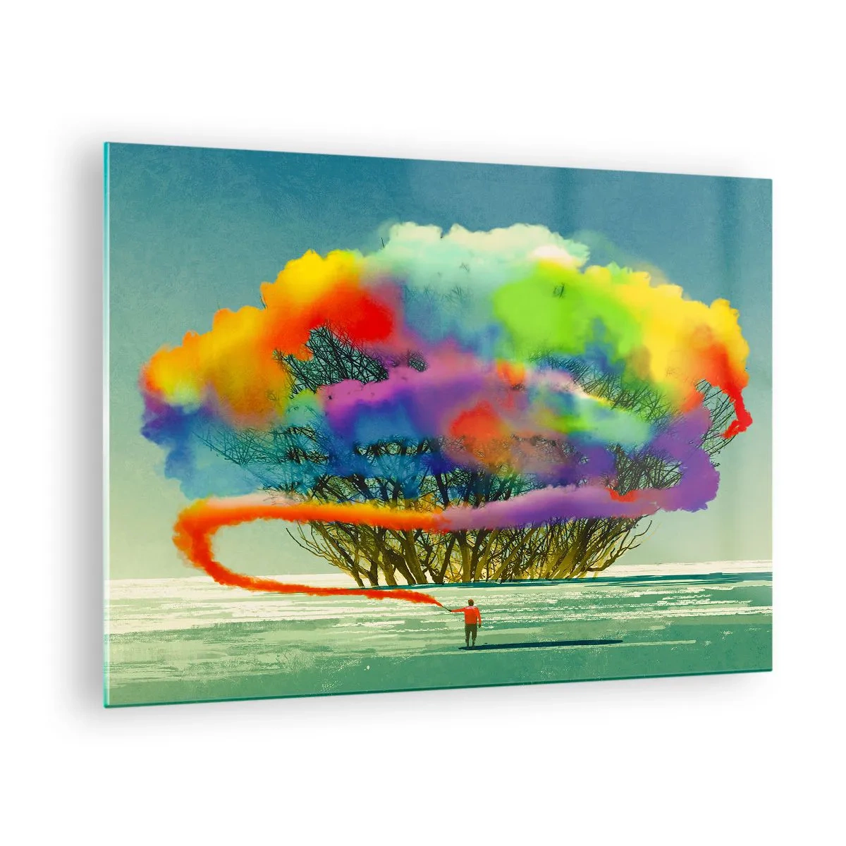 Obraz na skle - Farebný výbuch dymu na pozadí osamelého stromu. - 70x50cm - Oživiť tento svet - Moderná nástenná dekorácia do obývacej izby a spálne ARTTOR