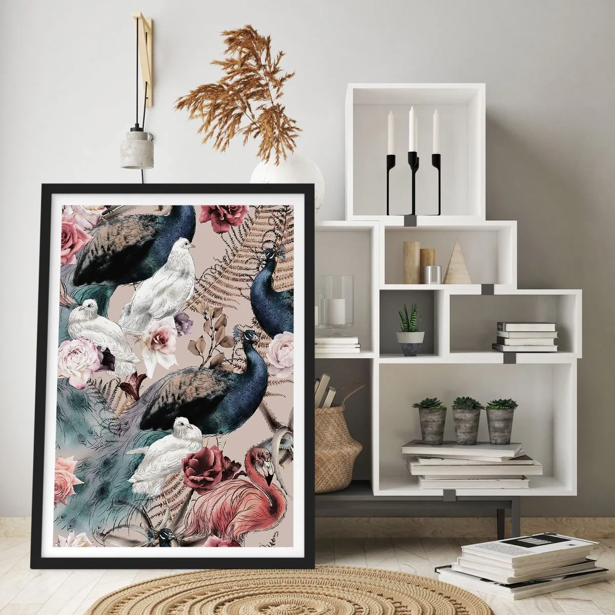 Plagát v čiernom ráme - Farebné vtáky a kvety na béžovom pozadí - 50x70cm - V palácovej záhrade - Moderná nástenná dekorácia do obývacej izby a spálne ARTTOR