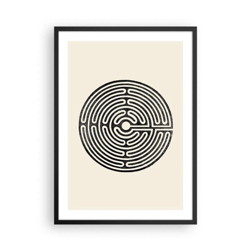 Plagát v čiernom ráme - Minimalistické čiernobiele bludisko na svetlom pozadí. - 50x70cm - Tajomný poriadok - Moderná nástenná dekorácia do obývacej izby a spálne ARTTOR