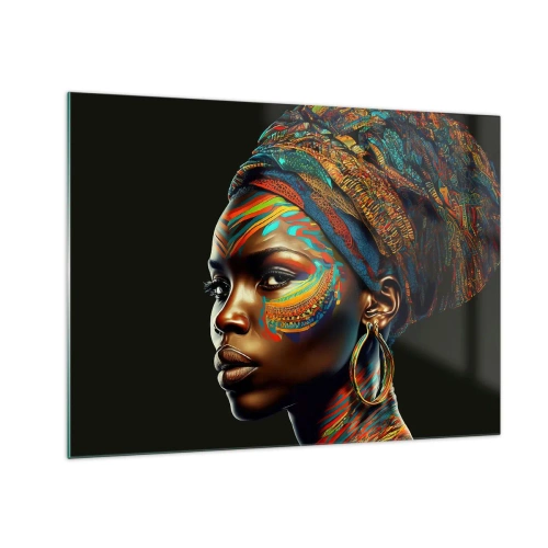 Obraz na skle - Portrét ženy s farebnou maľbou a turbanom - 70x50cm - Africká kráľovná - Moderná nástenná dekorácia do obývacej izby a spálne ARTTOR