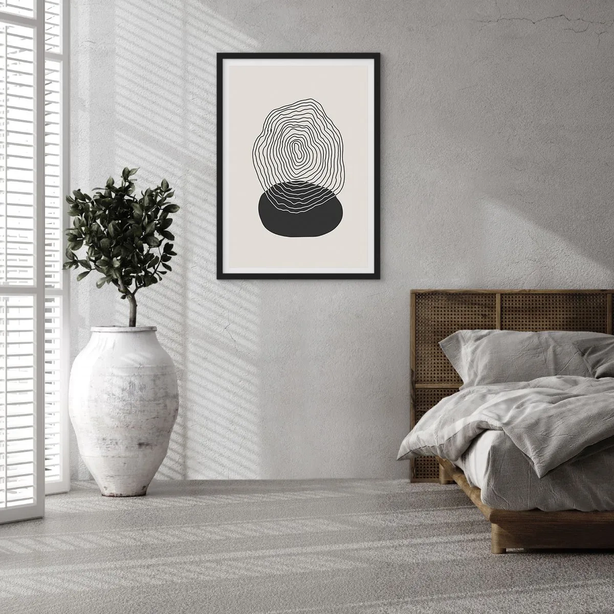 Plagát v čiernom ráme - Čierne čiary vytvárajúce abstraktný tvar na svetlom pozadí - 50x70cm - Trvanie a kmitanie - Moderná nástenná dekorácia do obývacej izby a spálne ARTTOR