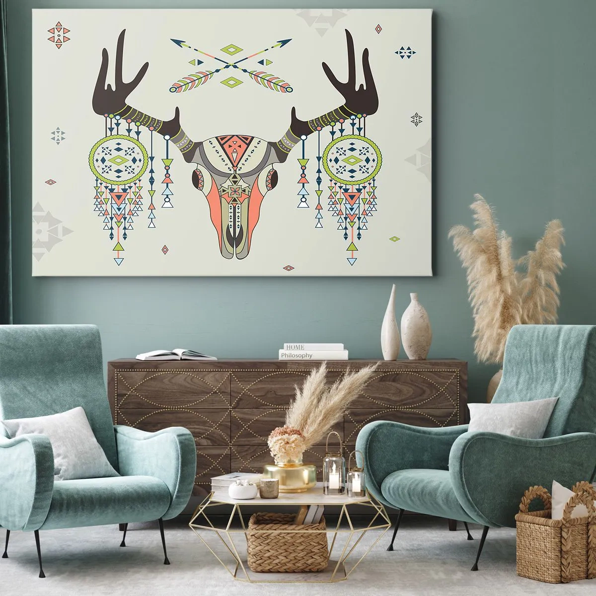Obraz na plátne - Boho dekorácia s lebkou jeleňa a lapačmi snov - 70x50cm - Trofej indiánskeho lovca - Moderná nástenná dekorácia do obývacej izby a spálne ARTTOR