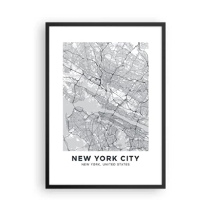 Plagát v čiernom ráme - Minimalistická mapa New Yorku - 50x70cm - Anatómia metropoly - Moderná nástenná dekorácia do obývacej izby a spálne ARTTOR