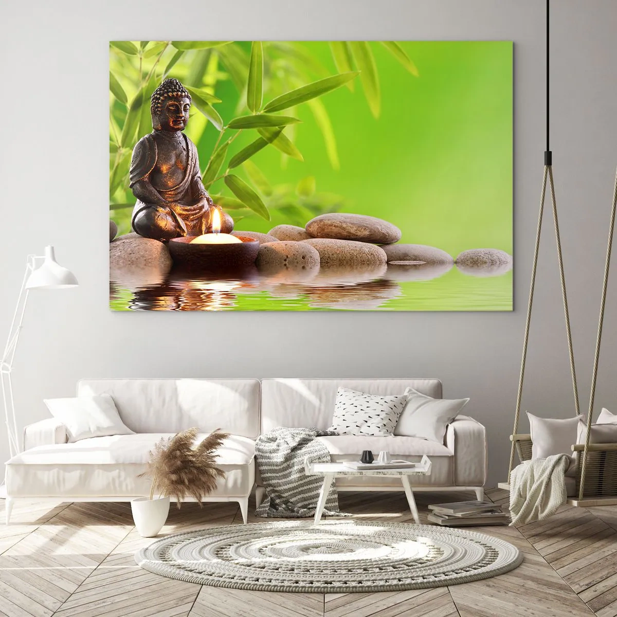 Obraz na skle - Budhova postava so zapálenou sviečkou v zelenom prostredí - 70x50cm - Život je krásny - Moderná nástenná dekorácia do obývacej izby a spálne ARTTOR