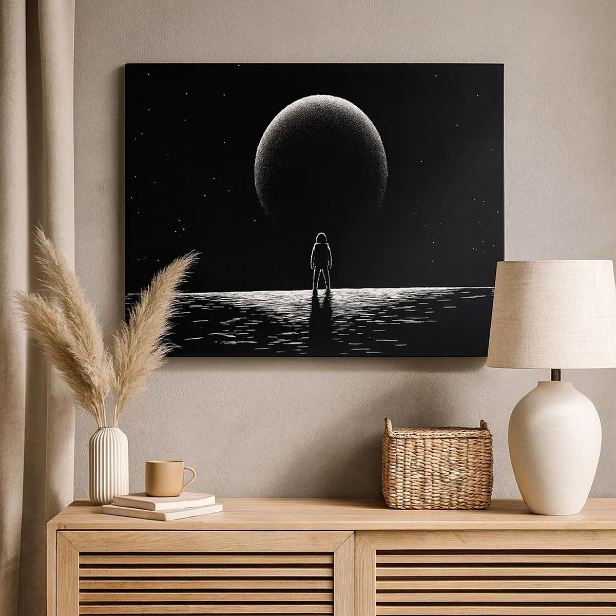 Obraz na plátne - Astronaut na pozadí veľkej planéty vo vesmíre - 70x50cm - Tvári v tvár - Moderná nástenná dekorácia do obývacej izby a spálne ARTTOR