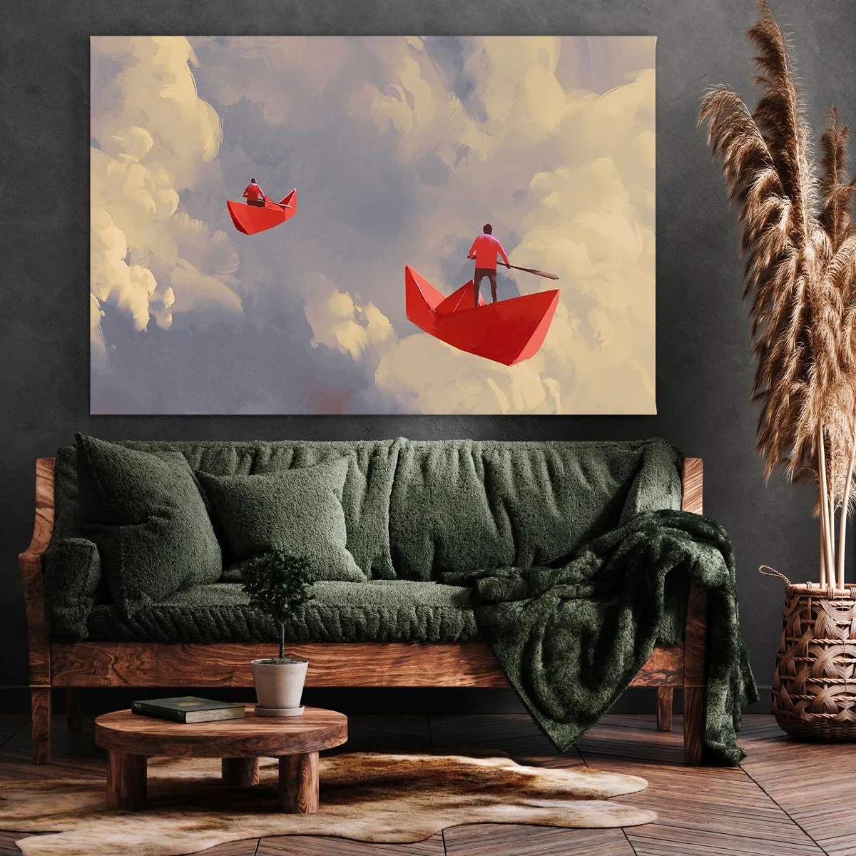Obraz na plátne - Červené papierové lodičky plávajú v oblakoch - 70x50cm - Výprava rojkov - Moderná nástenná dekorácia do obývacej izby a spálne ARTTOR