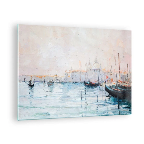 Obraz na skle - Impresionistická krajina s loďami a budovami - 70x50cm - Za vodou, za hmlou - Moderná nástenná dekorácia do obývacej izby a spálne ARTTOR