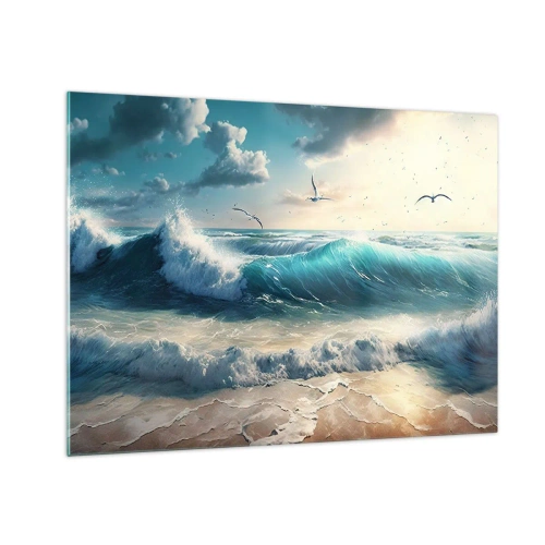 Obraz na skle - Vlny narážajúce na pobrežie v rannom svetle - 70x50cm - Šušťanie len pre teba - Moderná nástenná dekorácia do obývacej izby a spálne ARTTOR