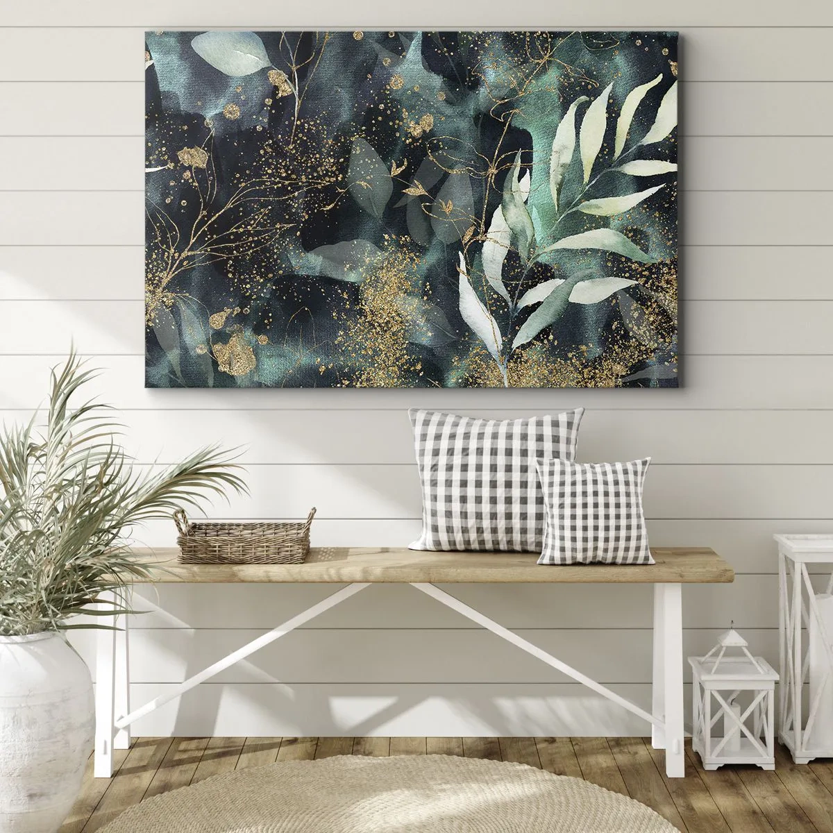 Obraz na plátne - Elegantné listy na tmavom pozadí so zlatými akcentmi - 70x50cm - Kúzelná záhrada - Moderná nástenná dekorácia do obývacej izby a spálne ARTTOR